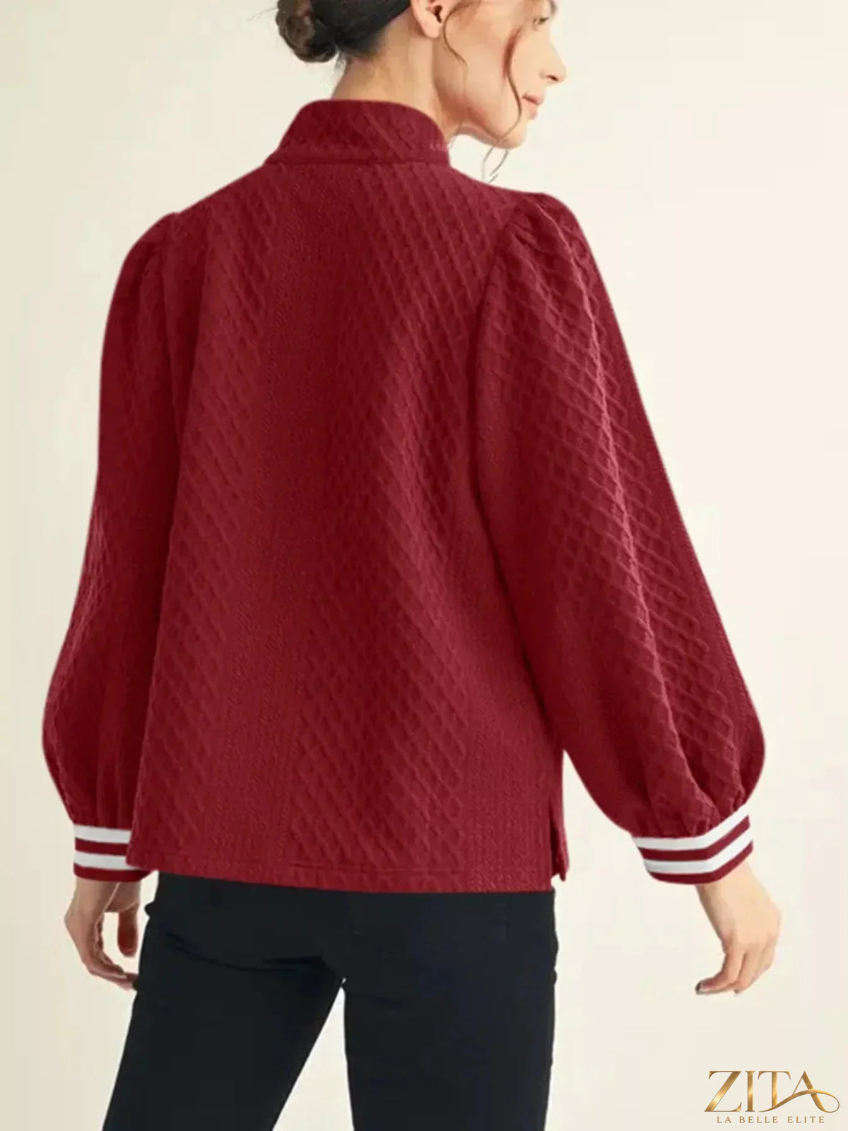 Zita La Belle Elite striped trim zipper blouse featuring a collared neckline and button closure, stylish and modern fashion top.