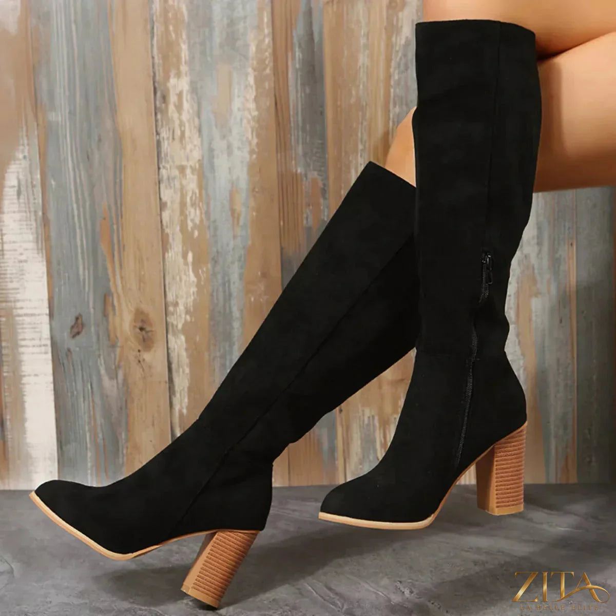 Zita La Belle Elite point toe block heels boots in black leather with a sleek design and sturdy heel for stylish footwear.