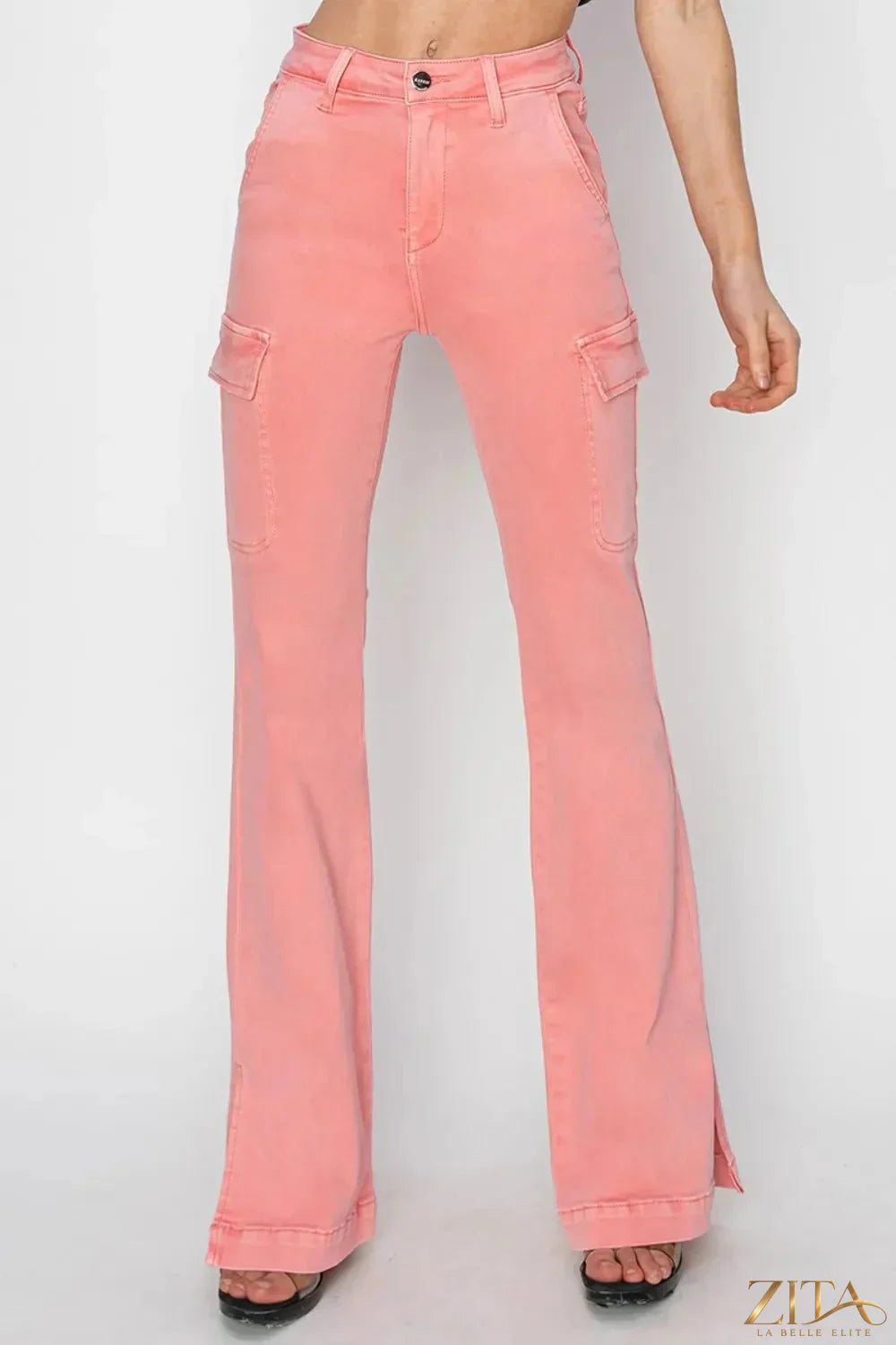 Zita La Belle Elite RISEN high rise cargo bootcut jeans with side slits, full size, dark denim, and classic five-pocket design.