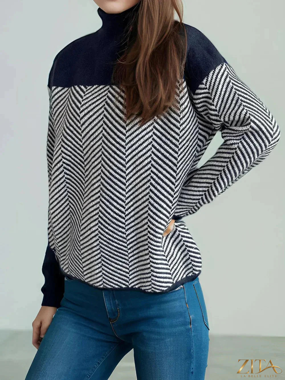 Contrast turtleneck long sleeve sweater by Trendsi, featuring a stylish design and cozy fit in the image.