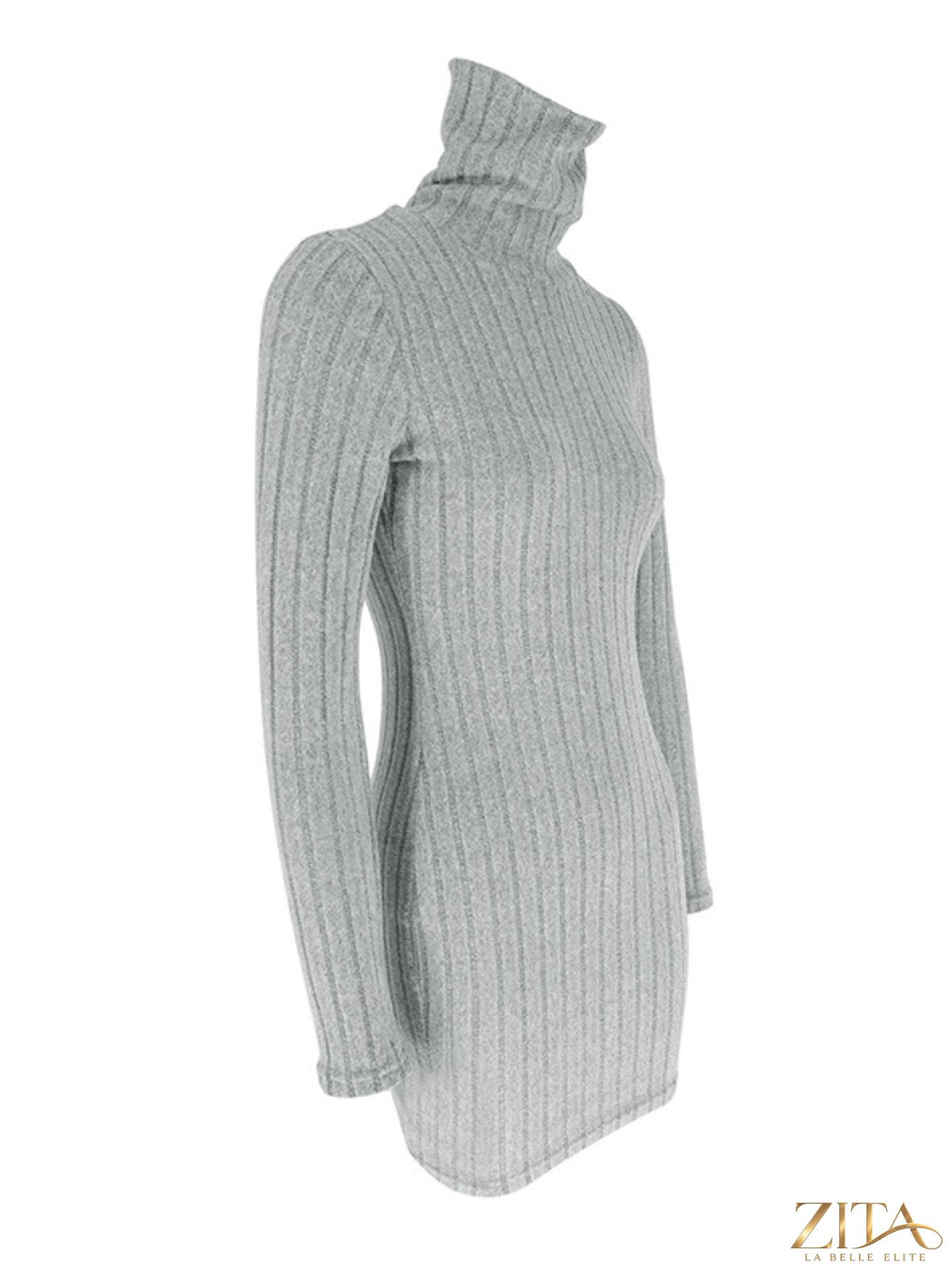 Ribbed black turtleneck bodycon mini dress by Trendsi, featuring fitted silhouette and long sleeves, styled for a chic look.