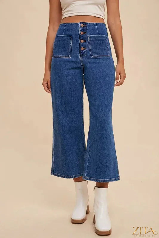 Zita La Belle Elite Annie Wear button fly high waist jeans, denim with classic five-pocket design and belt loops, front view.