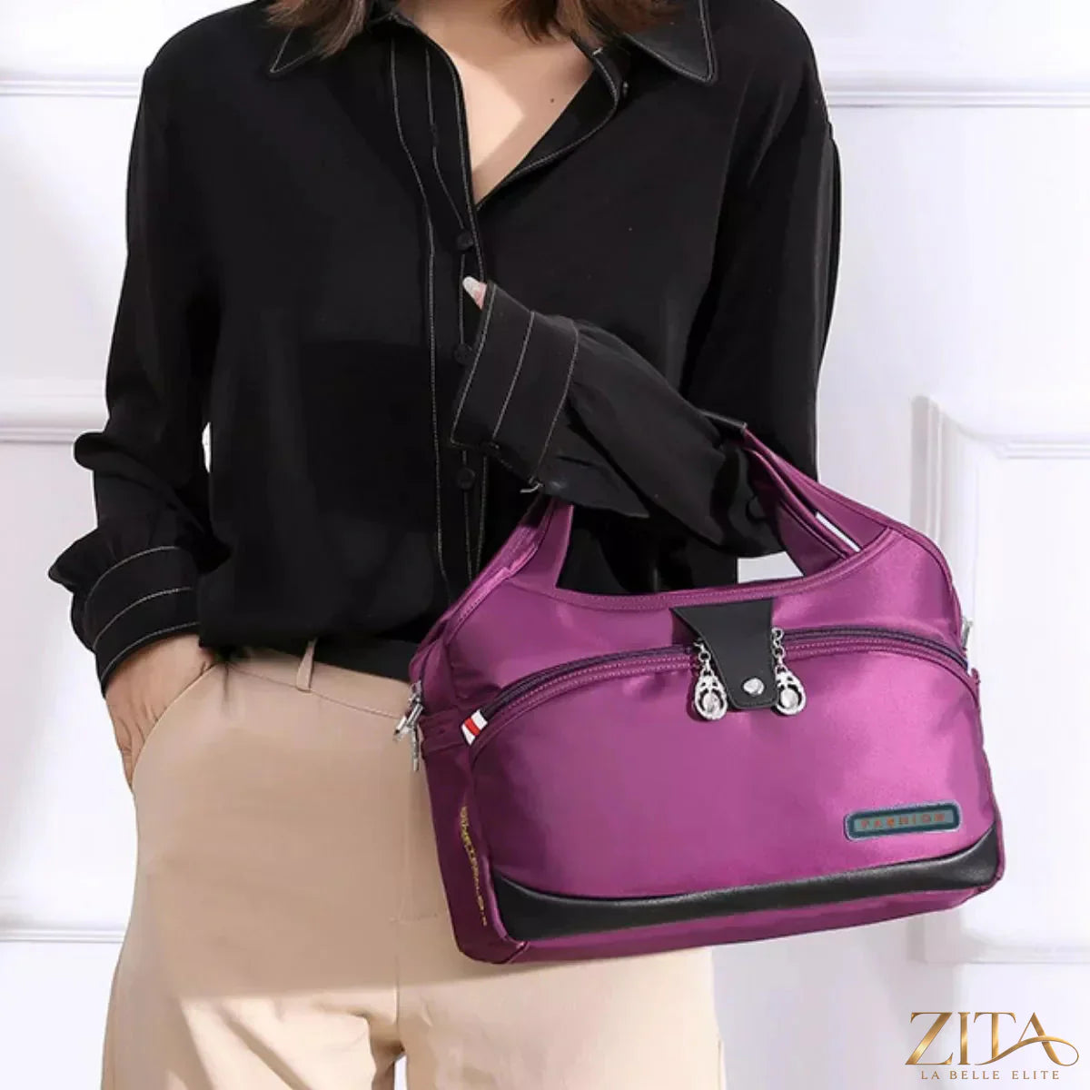 Zita La Belle Elite lightweight nylon handbag with multiple pockets, stylish and functional for everyday use.