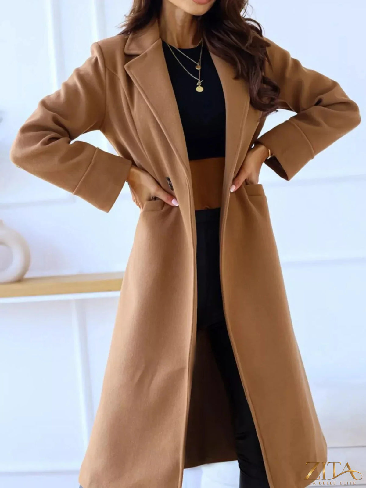 Zita La Belle Elite wool blend overcoat with lapel collar, tailored fit, and classic design in neutral color.