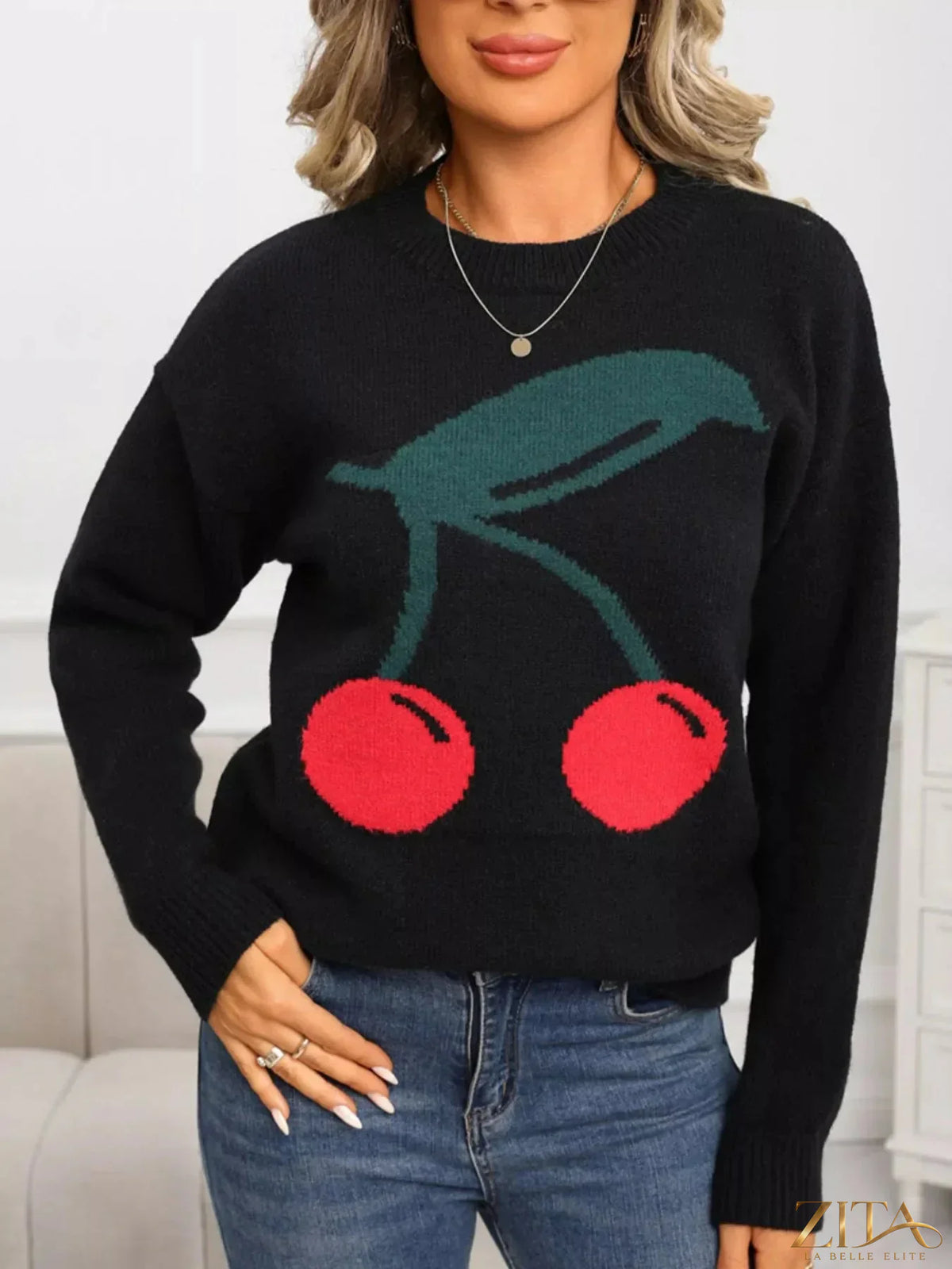 Cherry-colored Trendsi round neck sweater with long sleeves and ribbed cuffs, displayed on a neutral background.