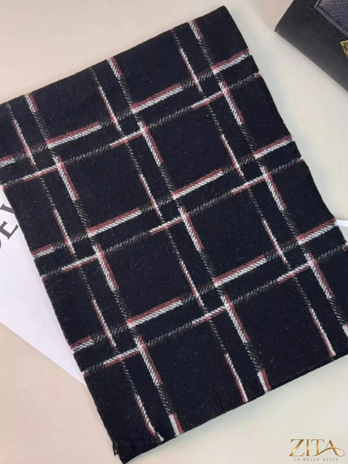 Zita La Belle Elite 100% wool raw hem plaid scarf with classic pattern, cozy and stylish accessory for cold weather.