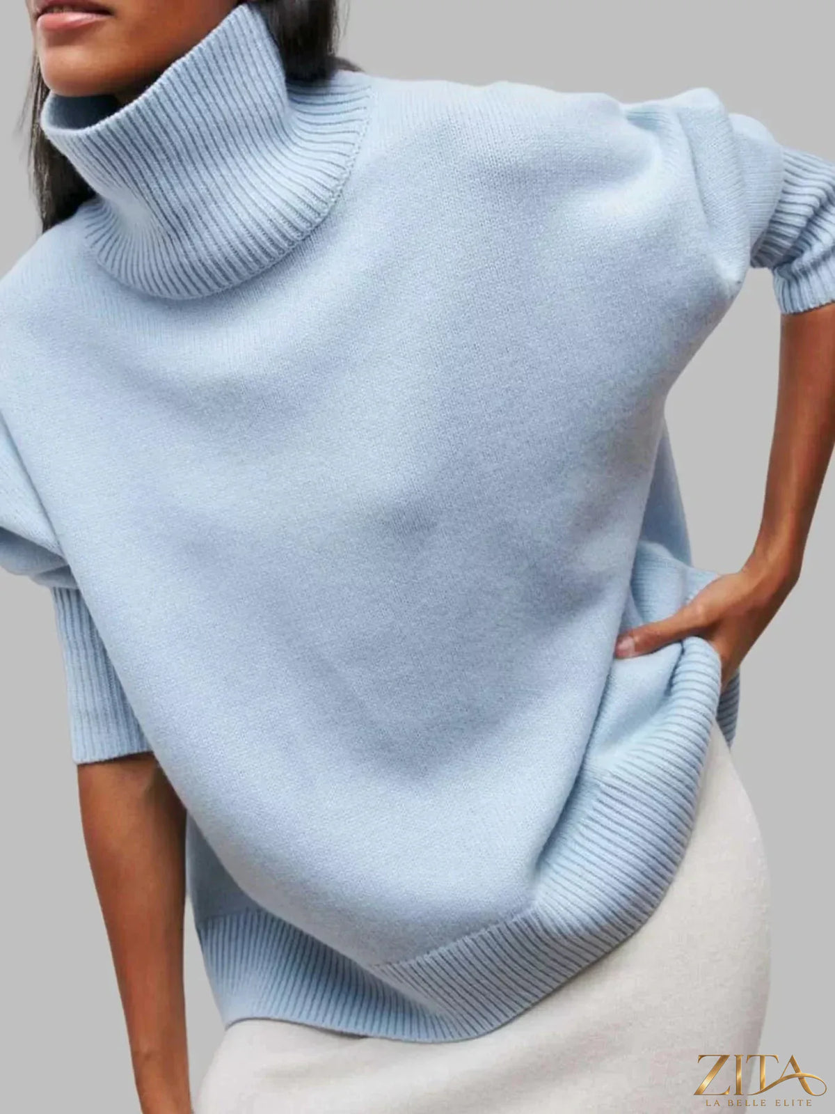 Zita La Belle Elite turtleneck dropped shoulder sweater in soft knit fabric, featuring a relaxed fit and cozy style.