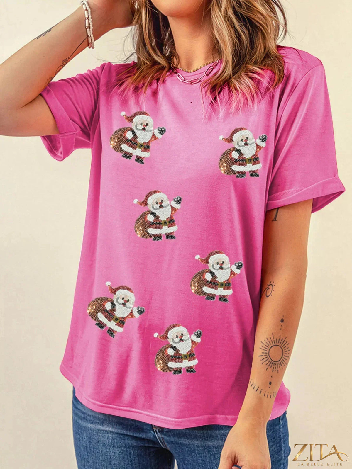 Santa Claus deliver gifts sequin short sleeve tee from Trendsi featuring festive holiday design and shiny sequin accents.