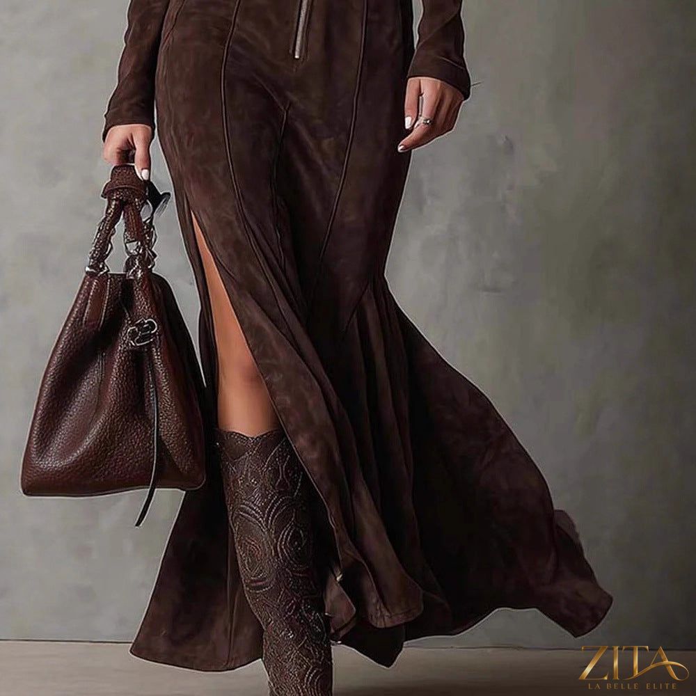 Zita La Belle Elite suede velvet zip-front mermaid maxi dress, form-fitting with a flared hem and elegant design, shown on a model.