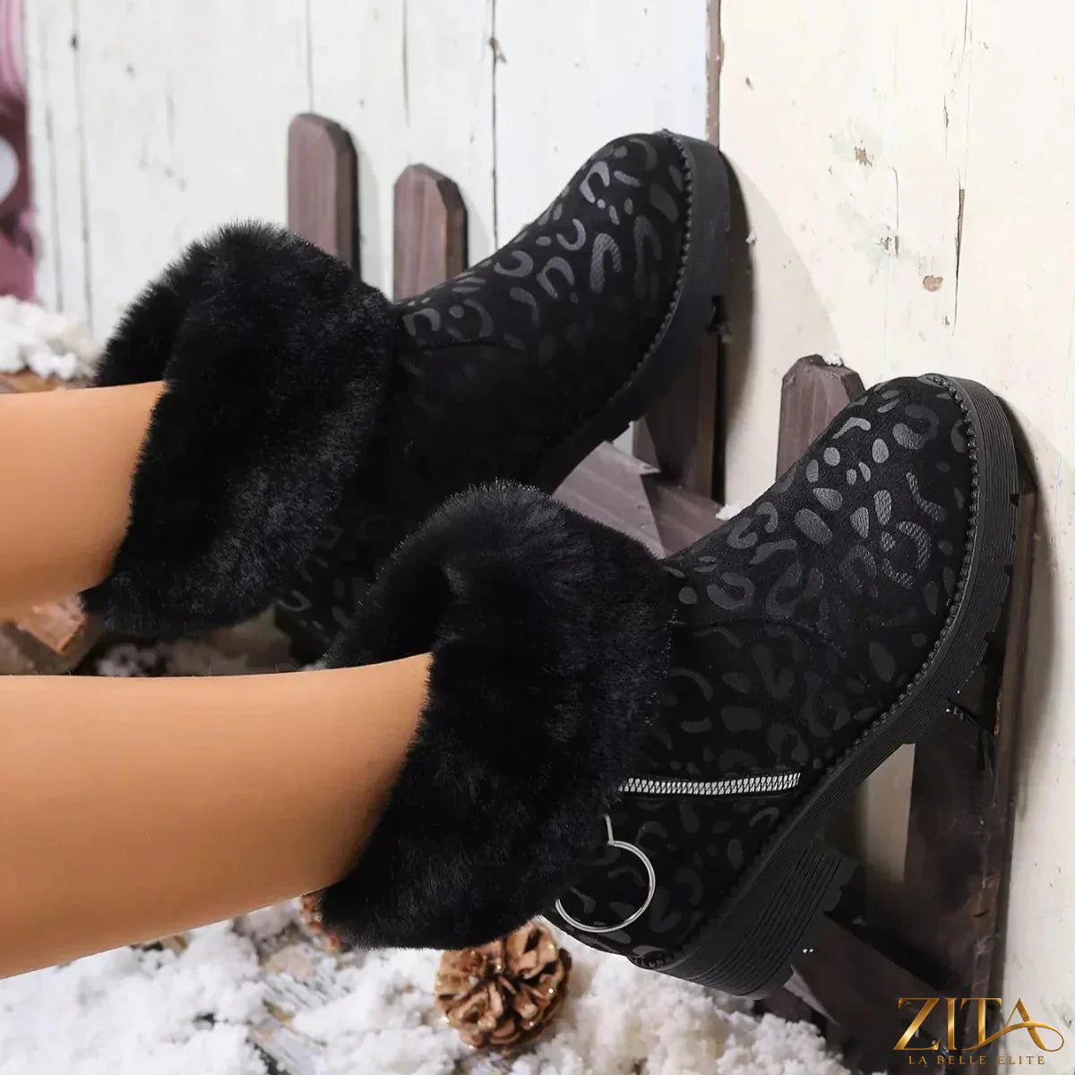 Fuzzy cuff leopard print ankle boots by Zita La Belle Elite featuring soft material and stylish leopard pattern.
