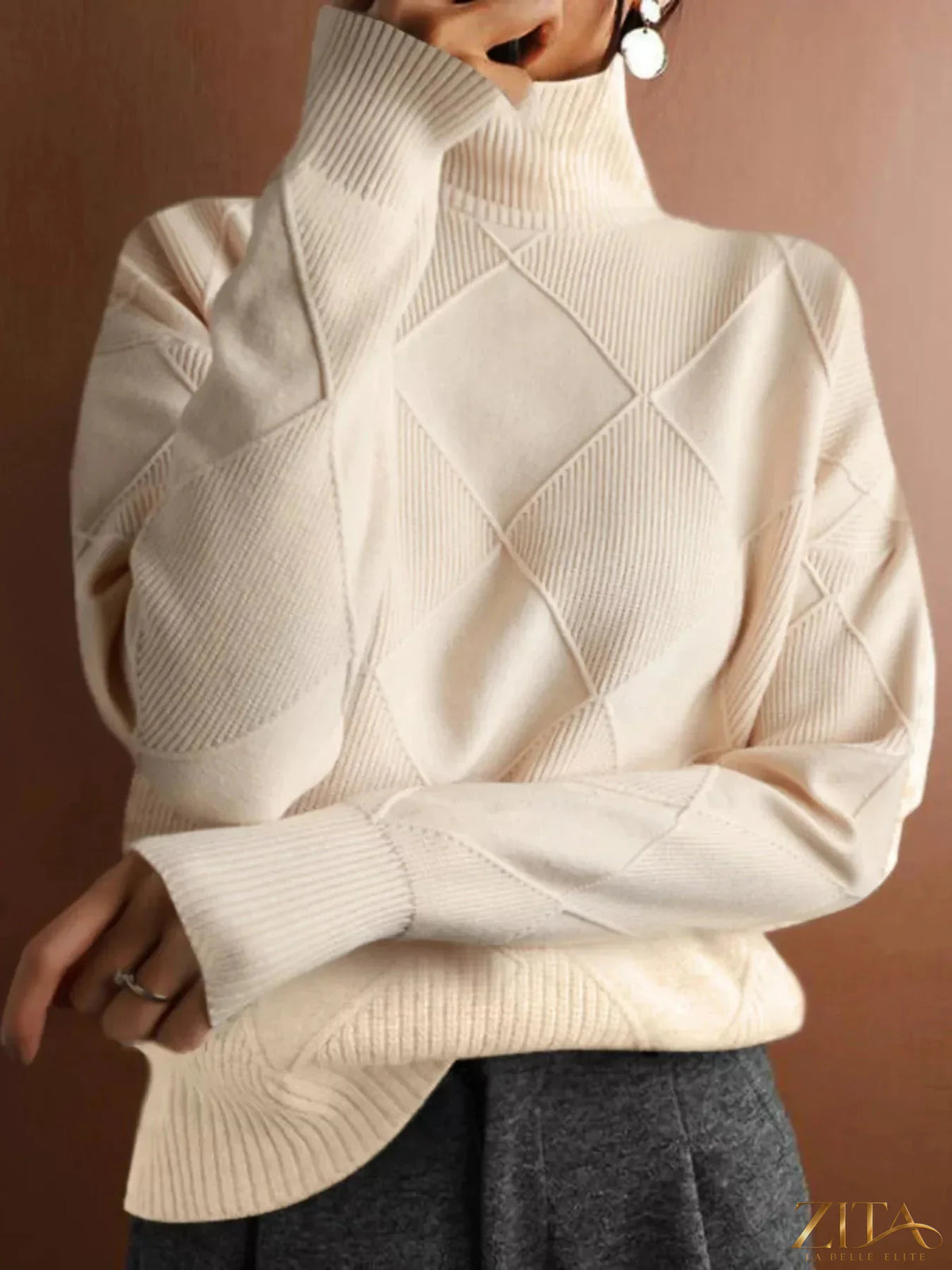 Zita La Belle Elite argyle pattern turtleneck sweater in cozy knit fabric, featuring a classic multicolor diamond design.