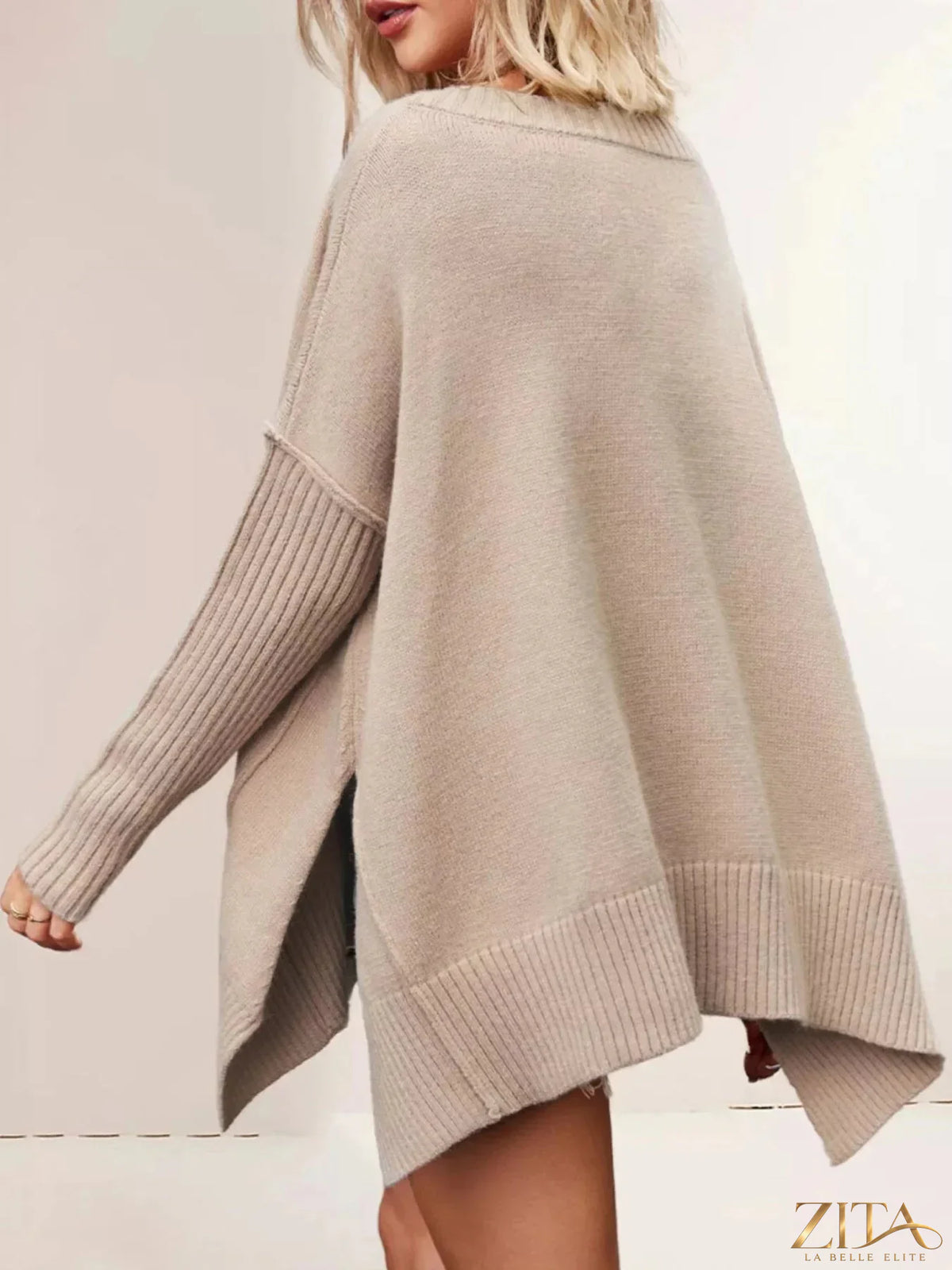 Zita La Belle Elite V-neck ribbed sleeve sweater in soft knit with long sleeves and fitted silhouette, stylish and cozy winter top.