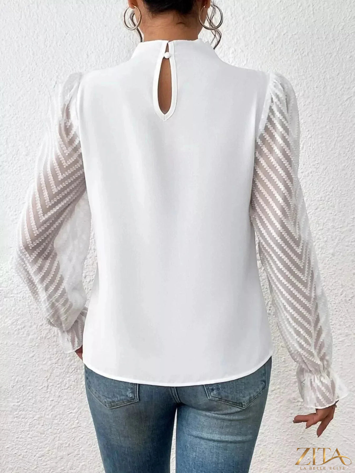 Zita La Belle Elite mock neck blouse with sheer lace sleeves, elegant and stylish for a sophisticated look.