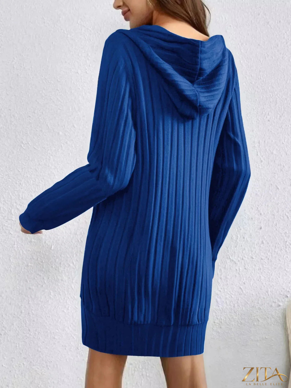 Zita La Belle Elite ribbed knit hoodie dress in soft fabric, featuring a relaxed fit and hood with long sleeves.