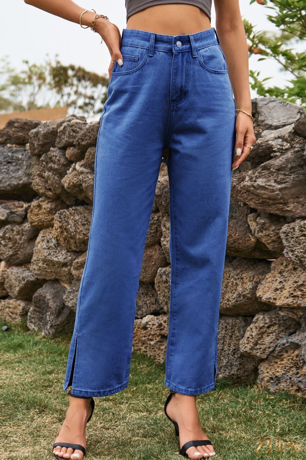 Zita La Belle Elite high waist loose fit ankle slit jeans displayed on a person, showcasing the stylish fit and slit detail.
