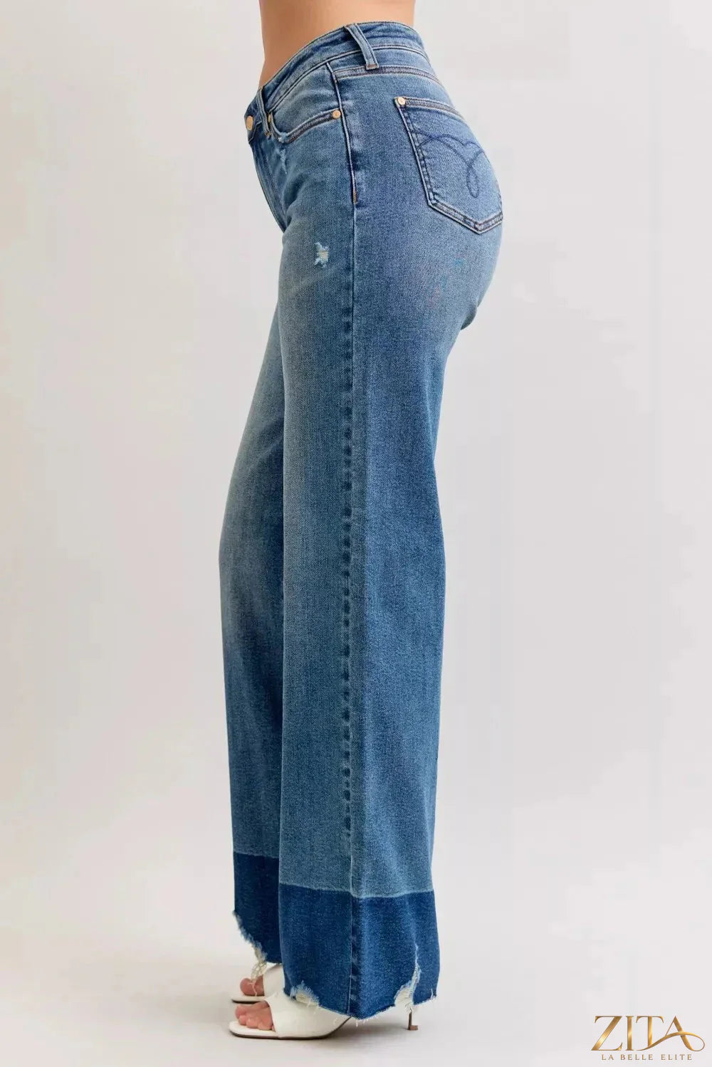 Zita La Belle Elite Judy Blue raw hem high waist straight jeans featuring a slim column fit and distressed detailing.