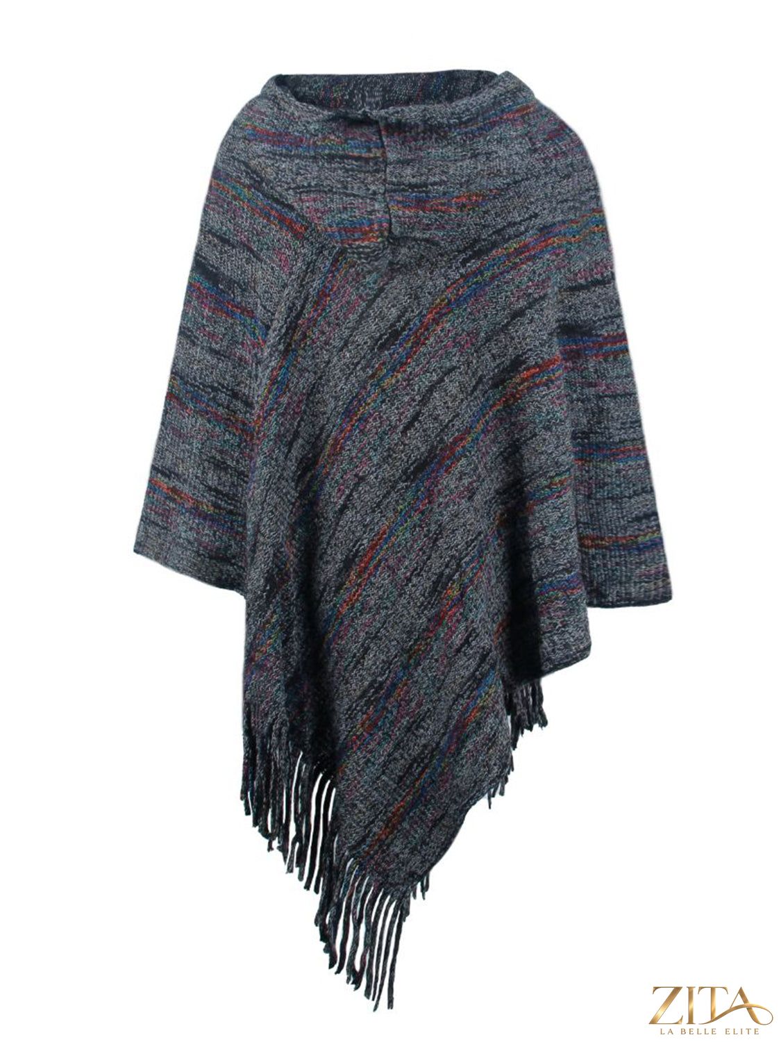 Zita La Belle Elite fringe hem hooded poncho in cozy fabric with fringe details and a relaxed fit, displayed on a mannequin.