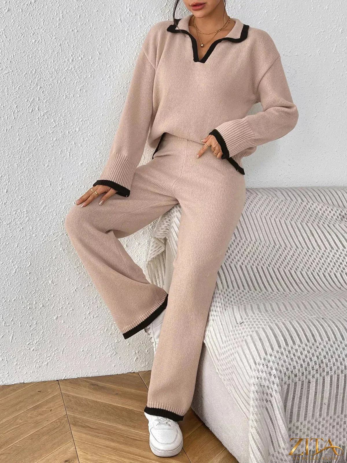 Zita La Belle Elite contrast trim polo collar top and pants sweater set, featuring a stylish, coordinated knit design.