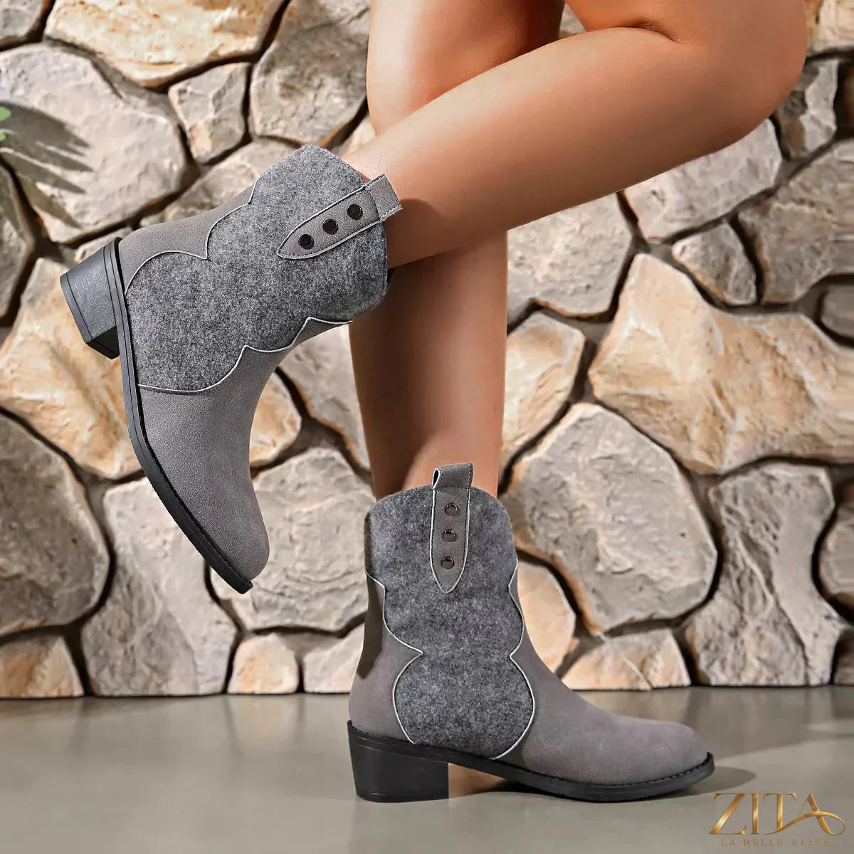 Zita La Belle Elite point toe block heel boots featuring sleek design and stylish ankle height in black leather.