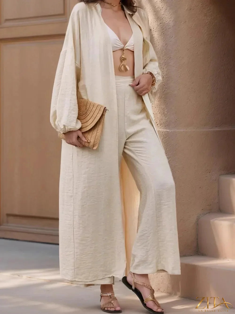 Zita La Belle Elite open front balloon sleeve cardigan and matching pants set, soft knit fabric with stylish design.