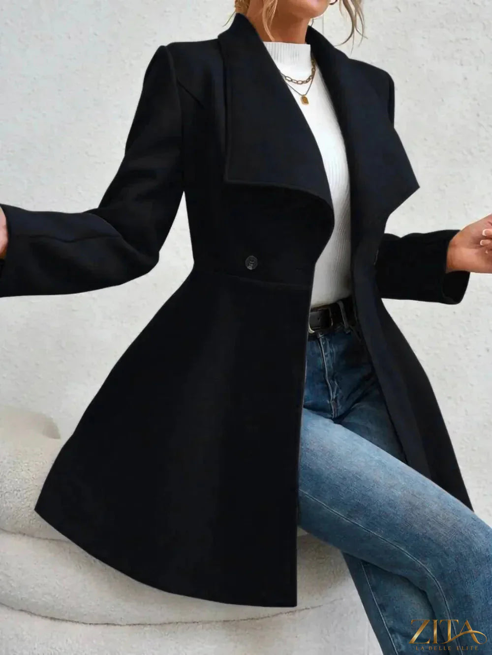 Zita La Belle Elite collared neck button-up long sleeve coat displayed on a hanger with a tailored fit and classic design.