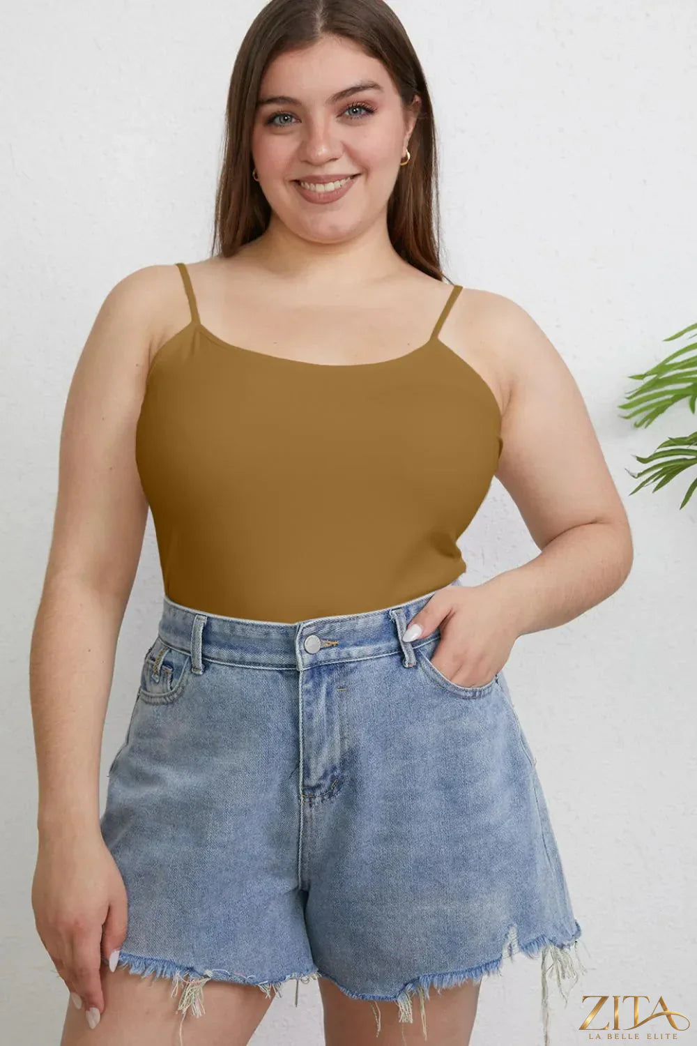 Zita La Belle Elite Basic Bae full size round neck slim cami in plus size, beige color, close-up view of the fitted top.