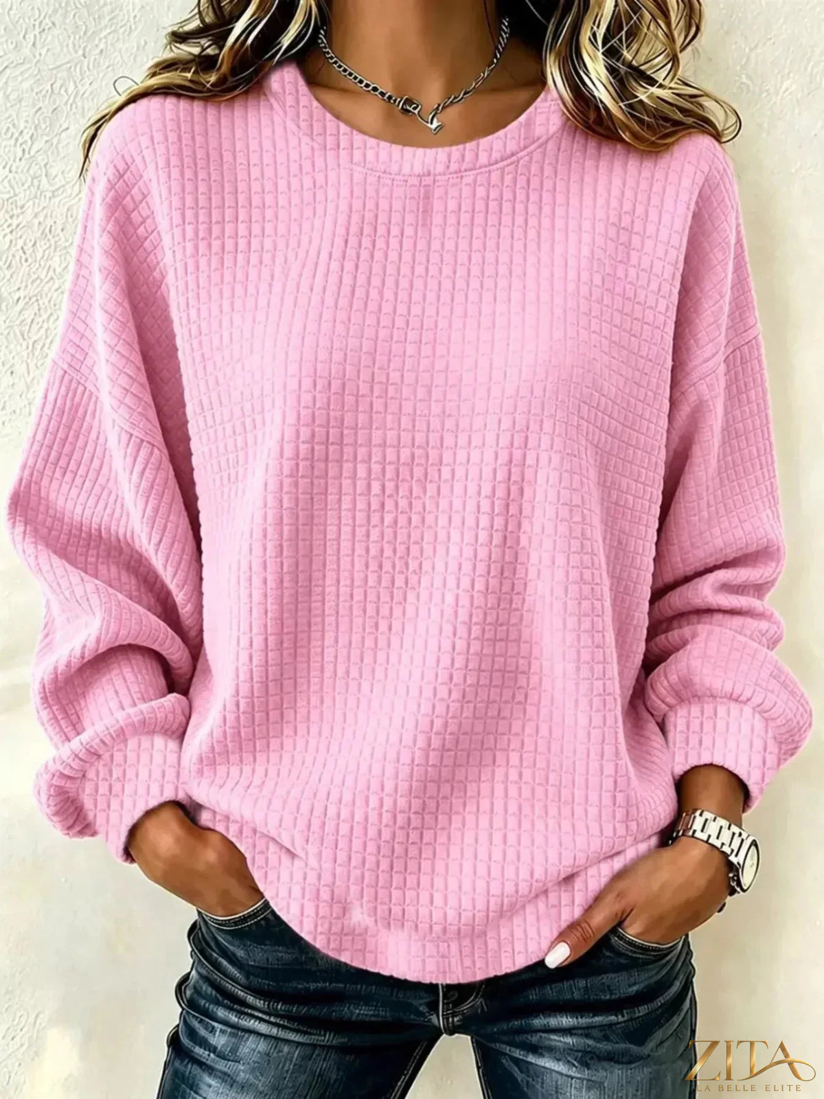 Plus size textured crew neck sweatshirt by Zita La Belle Elite, showing its soft fabric and comfortable fit.