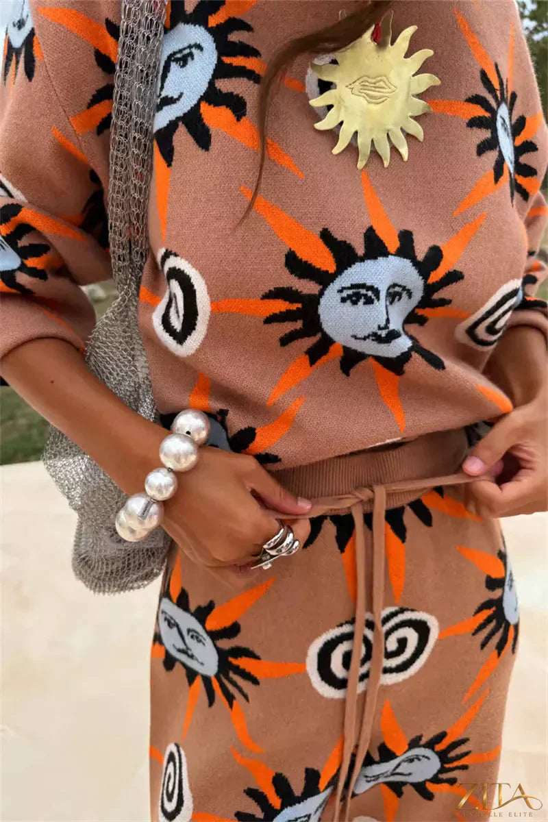 Zita La Belle Elite sun graphic top, matching cardigan and pants 3-piece sweater set, featuring bright sun design and coordinated fabric