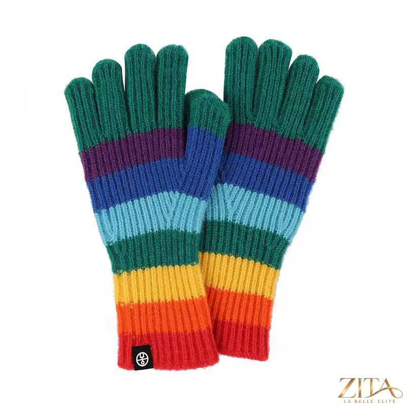 Rainbow striped knitted gloves by Zita La Belle Elite, showcasing colorful, cozy winter accessories with a ribbed cuff design.
