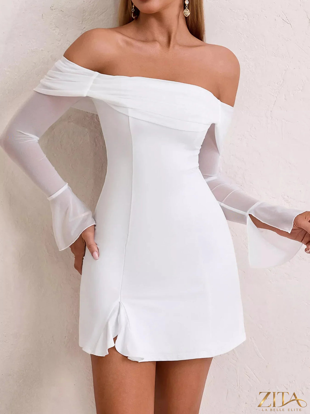 Off-shoulder long sleeve mini dress from Trendsi, showing a stylish, fitted design with a soft fabric texture and elegant neckline.