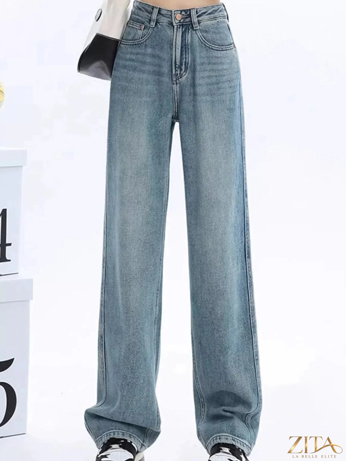 Zita La Belle Elite high-waisted vintage wash wide-leg jeans with classic five-pocket design on white background