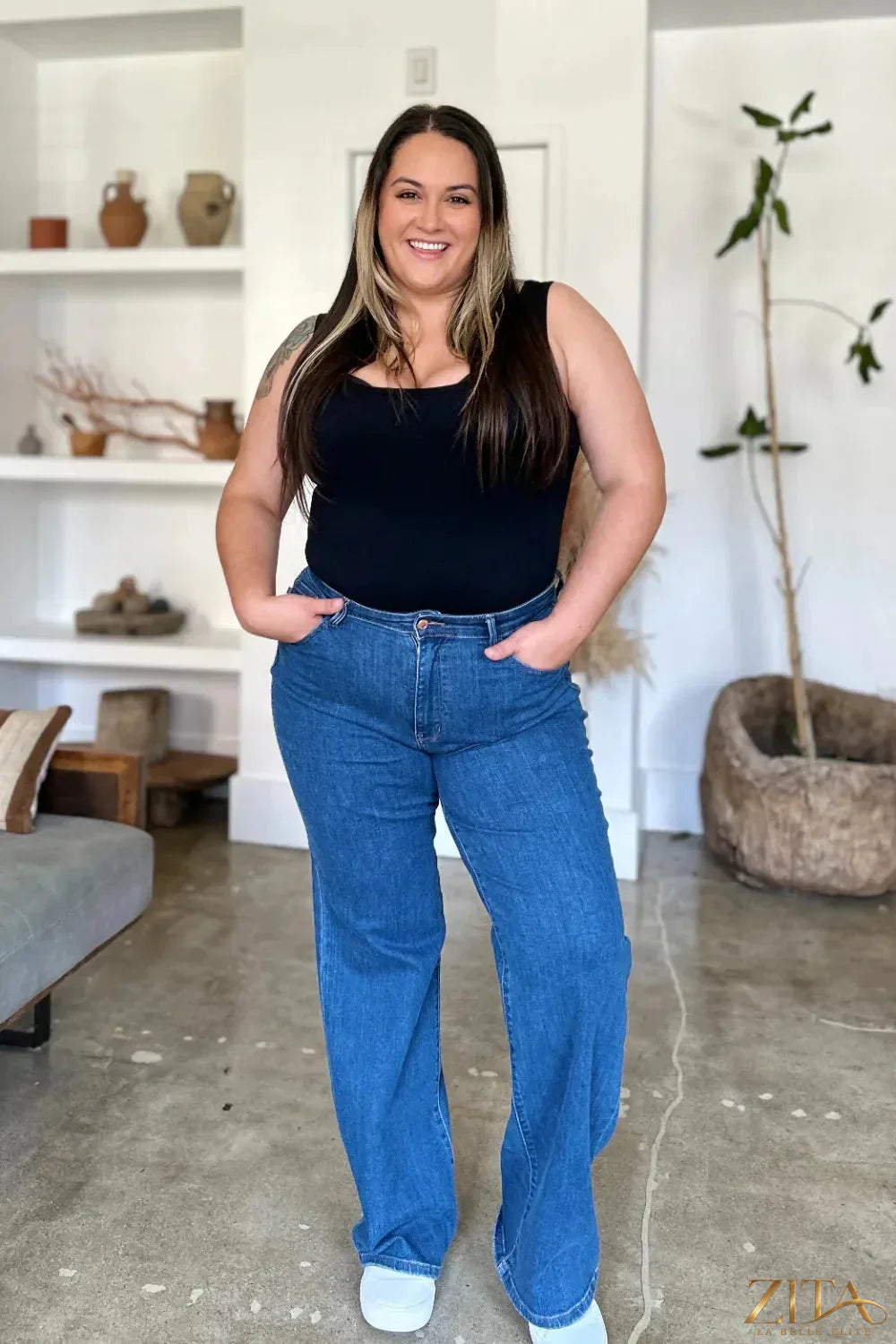 Zita La Belle Elite Judy Blue full-size high-rise straight jeans displayed on a model, showcasing classic denim style.