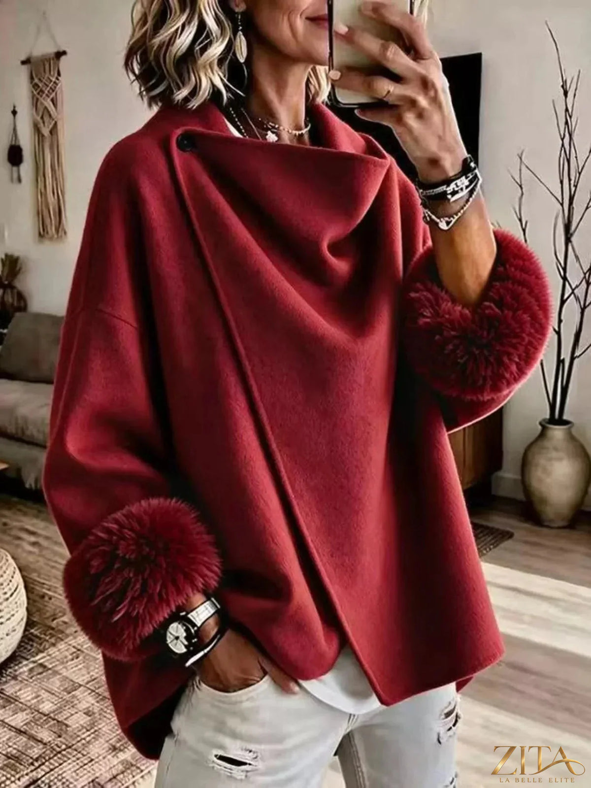 Plus size full-length outerwear with elegant asymmetric faux fur cuff by Zita La Belle Elite, featuring a stylish, sophisticated design.