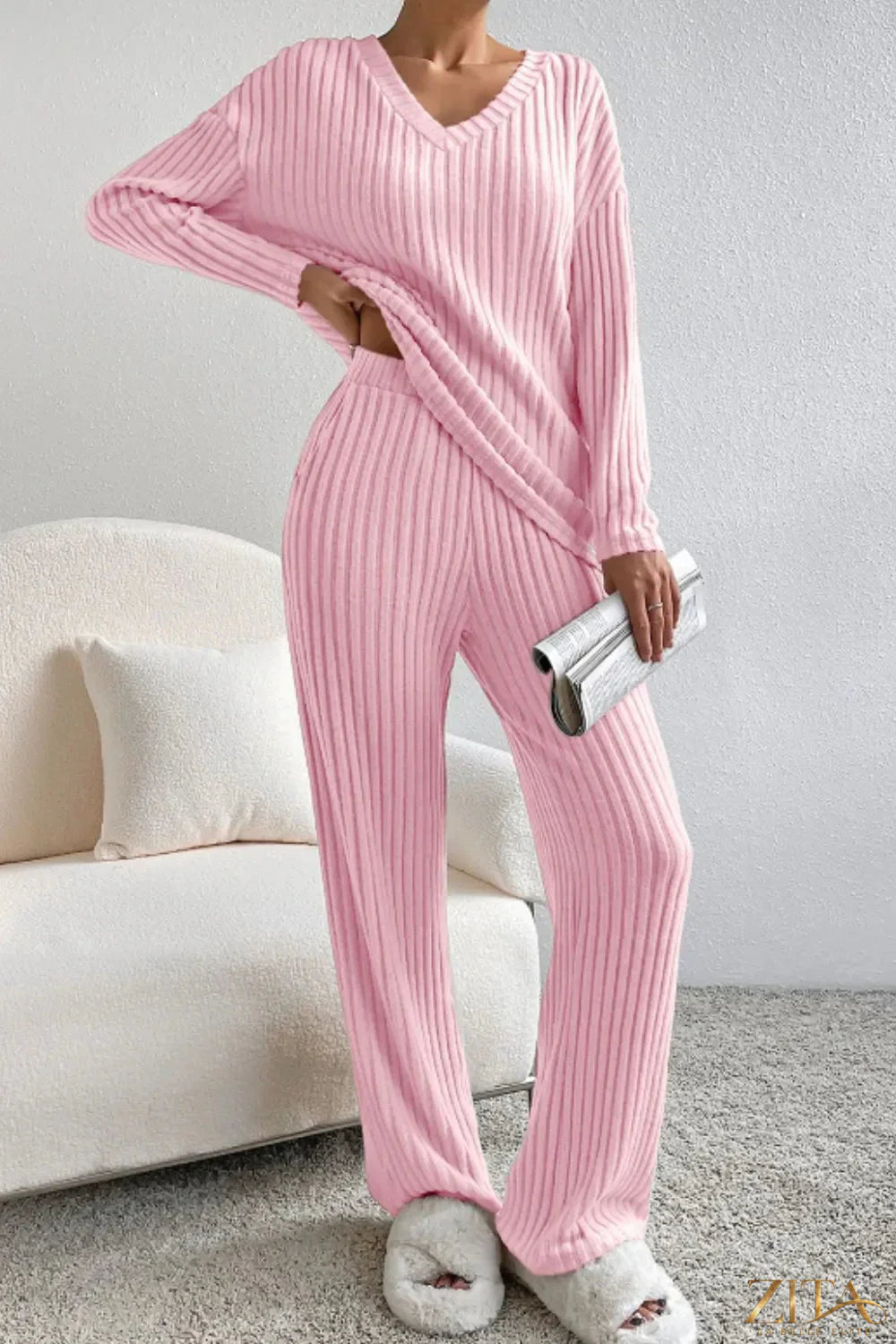 Zita La Belle Elite ribbed V-neck top and matching pants lounge set in soft fabric, displayed on a hanger.