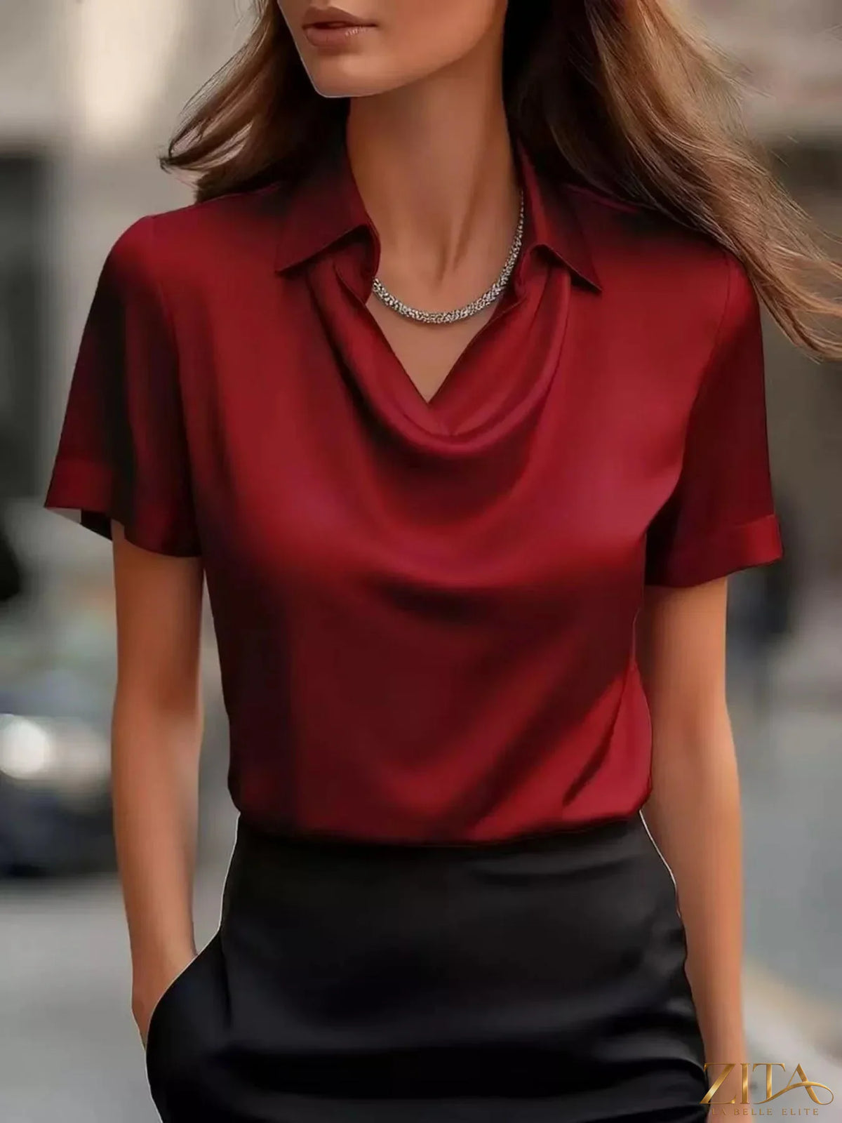 Plus size satin cowl neck blouse by Zita La Belle Elite, featuring a smooth fabric and elegant drape, shown from the front.