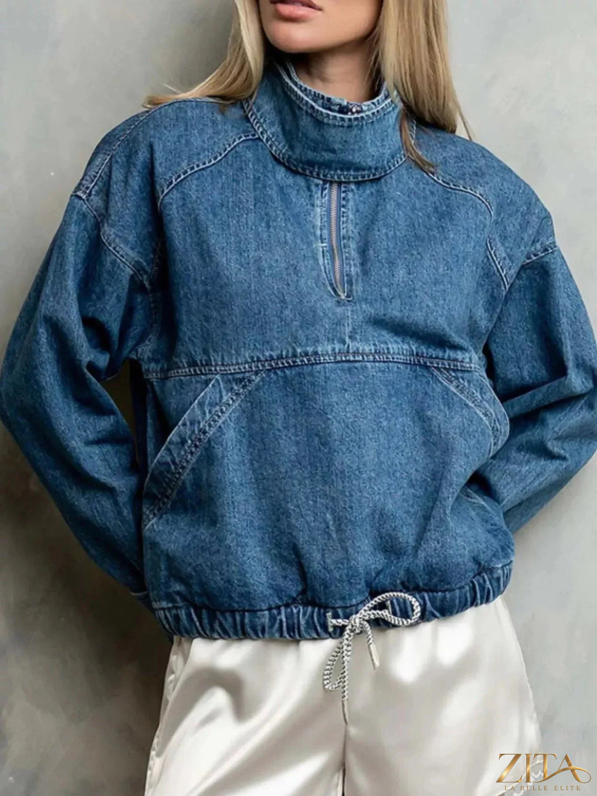 Zita La Belle Elite half-zip turtleneck denim top with long sleeves and front zipper, casual fashion for women.