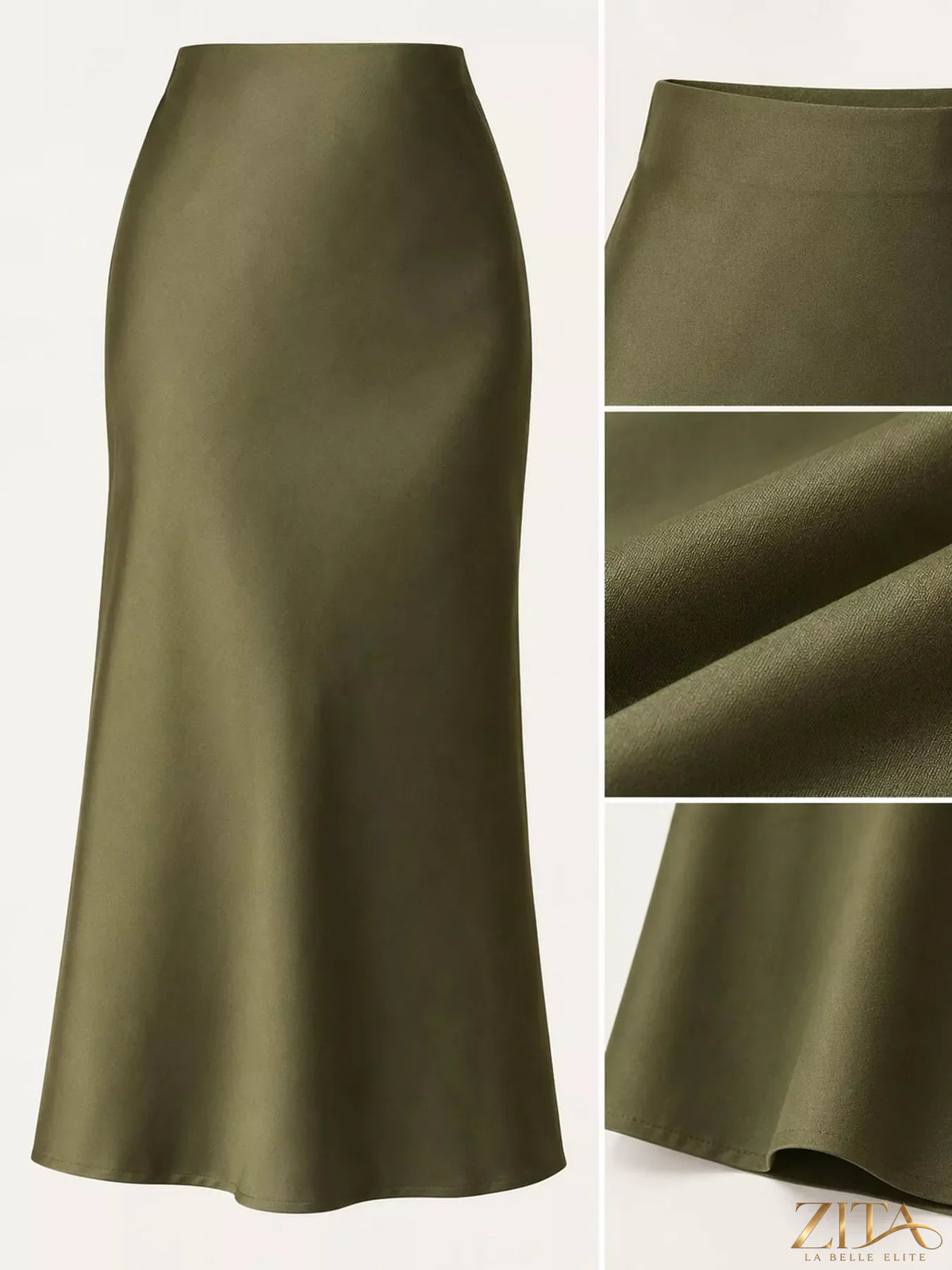 High-waisted satin midi skirt in a smooth, shiny fabric, styled with a relaxed fit and elegant silhouette.