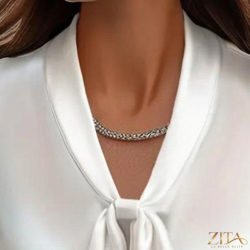 Zita La Belle Elite satin ribbon blouse with long sleeves and button-down front, casual workwear shirt in elegant fabric.