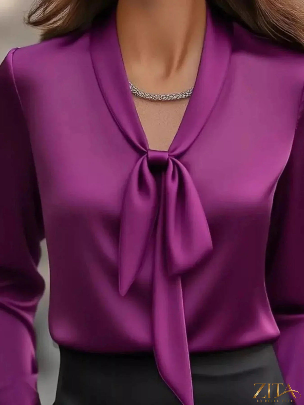 Zita La Belle Elite satin tie-front long sleeve blouse featuring a stylish, smooth fabric and elegant design.