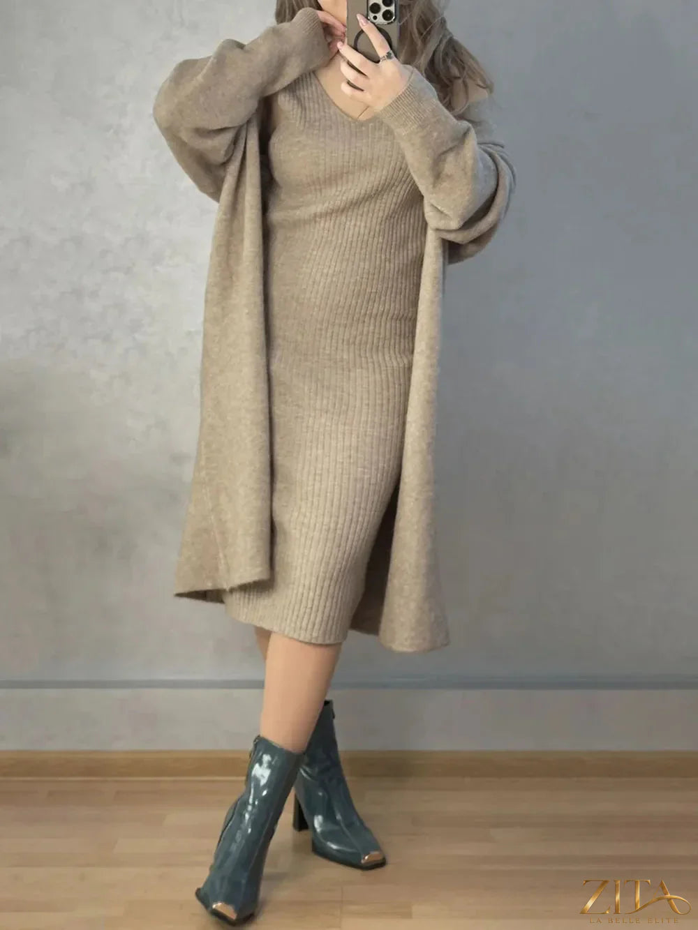 Zita La Belle Elite V-neck cami dress with open front cardigan sweater set, stylish and comfortable for casual wear.