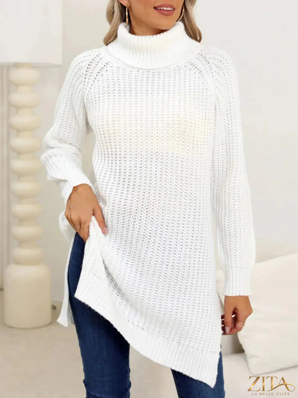 Trendsi slit turtleneck long sleeve sweater in soft knit fabric, featuring a stylish side slit design and fitted silhouette.