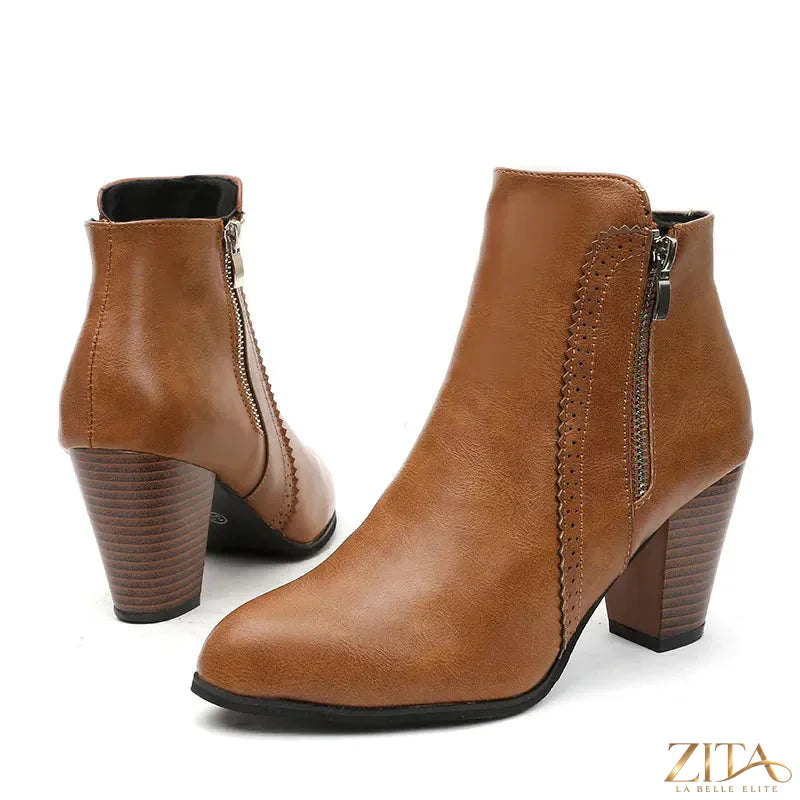 Zita La Belle Elite PU leather block heel boots with rounded toe and ankle height, stylish for casual or dressy outfits.