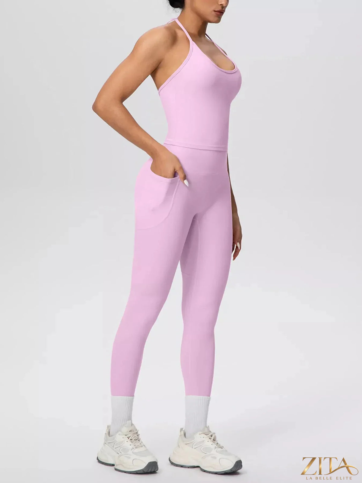 Zita La Belle Elite halter neck cami and high-waisted leggings active set, black stretchy workout ensemble on model.