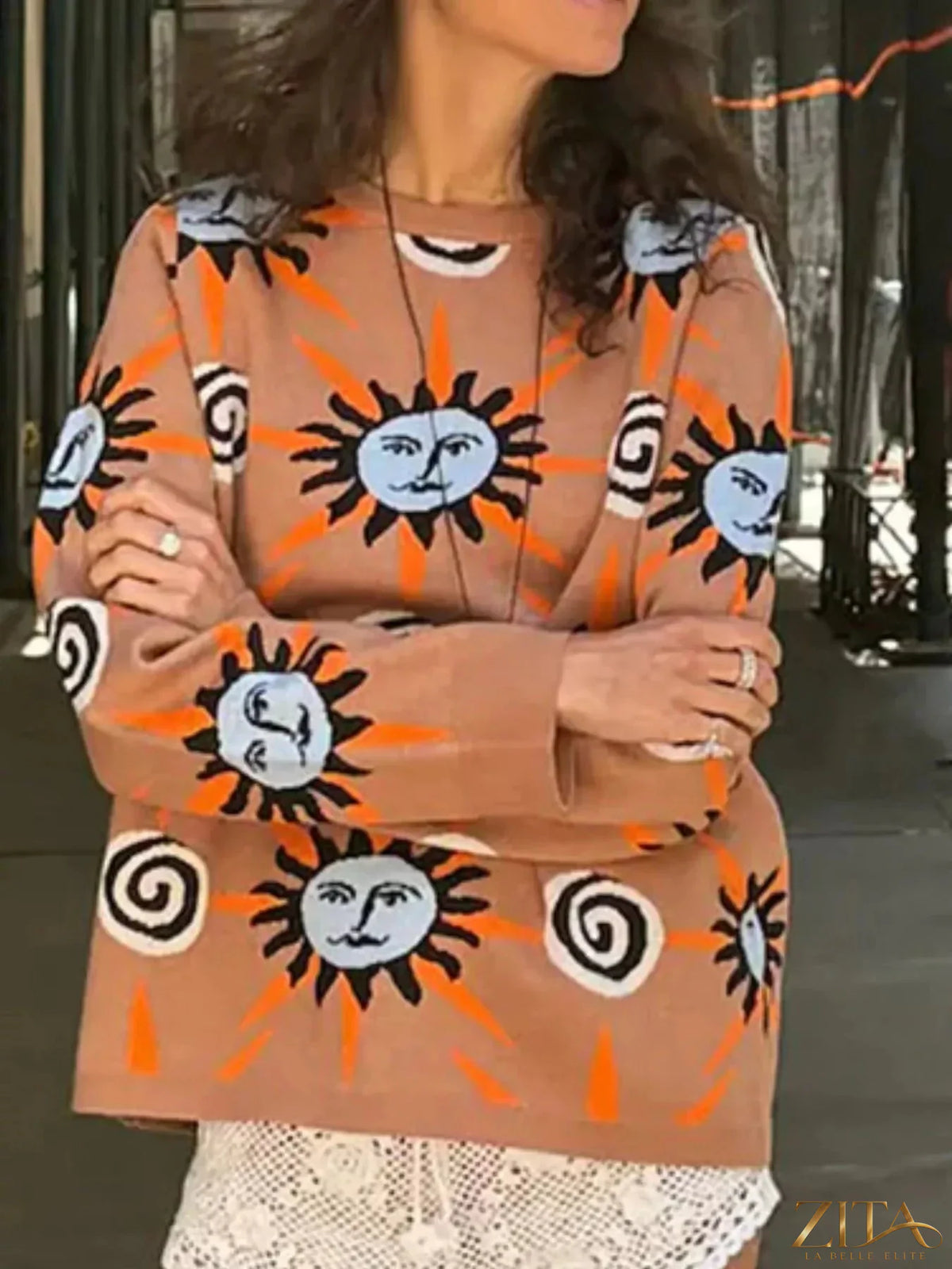 Zita La Belle Elite sun graphic top, cardigan, and pants 3-piece sweater set displayed on a mannequin.