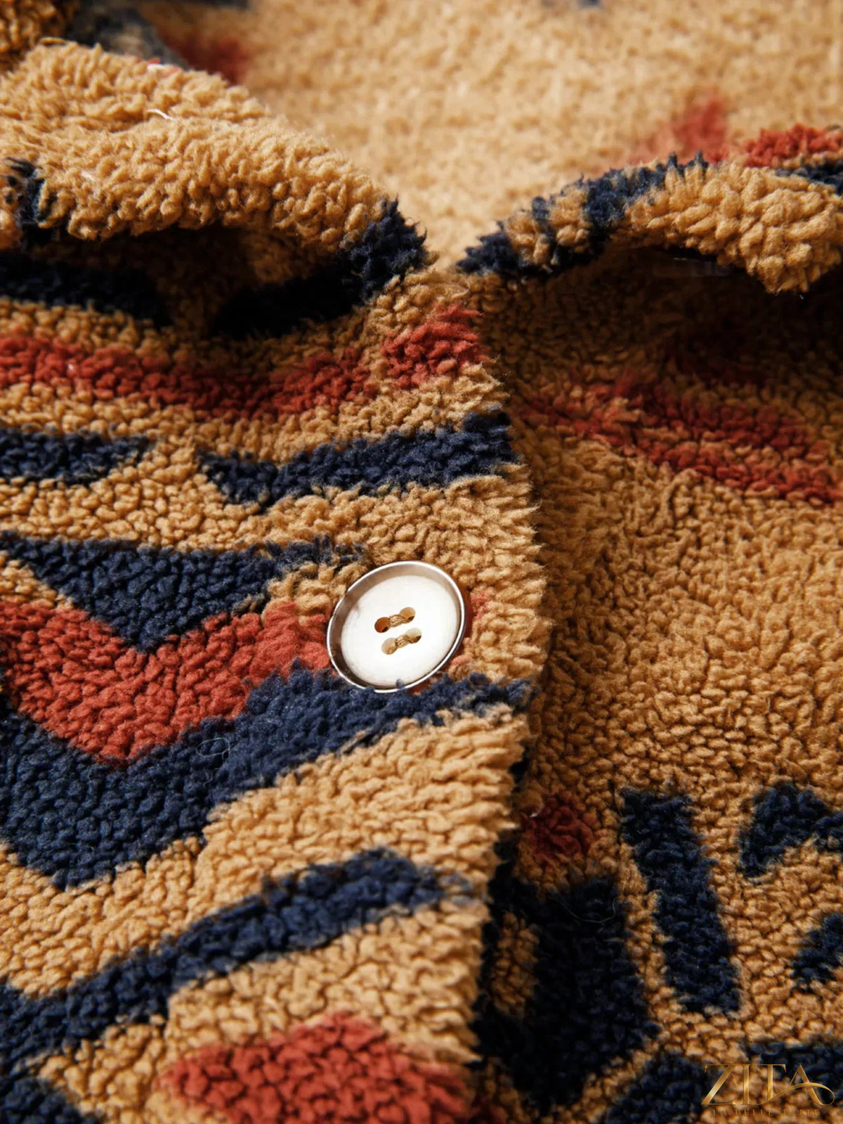 Zita La Belle Elite Western Aztec pattern fleece button-up shacket with bold geometric design and cozy fabric.