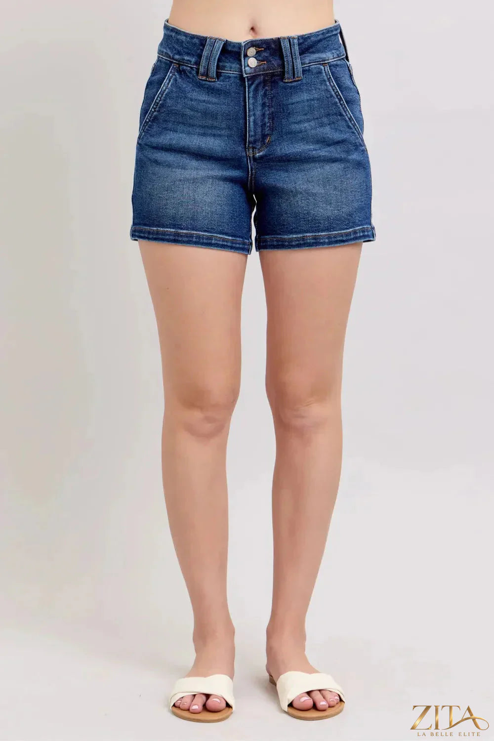 Zita La Belle Elite Judy Blue plus size denim shorts with double button waistband, full size fit, featuring classic blue denim fabric.