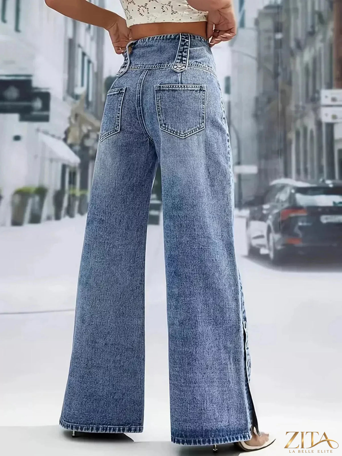 High waist wide leg jeans by Zita La Belle Elite featuring button decor and classic denim style.
