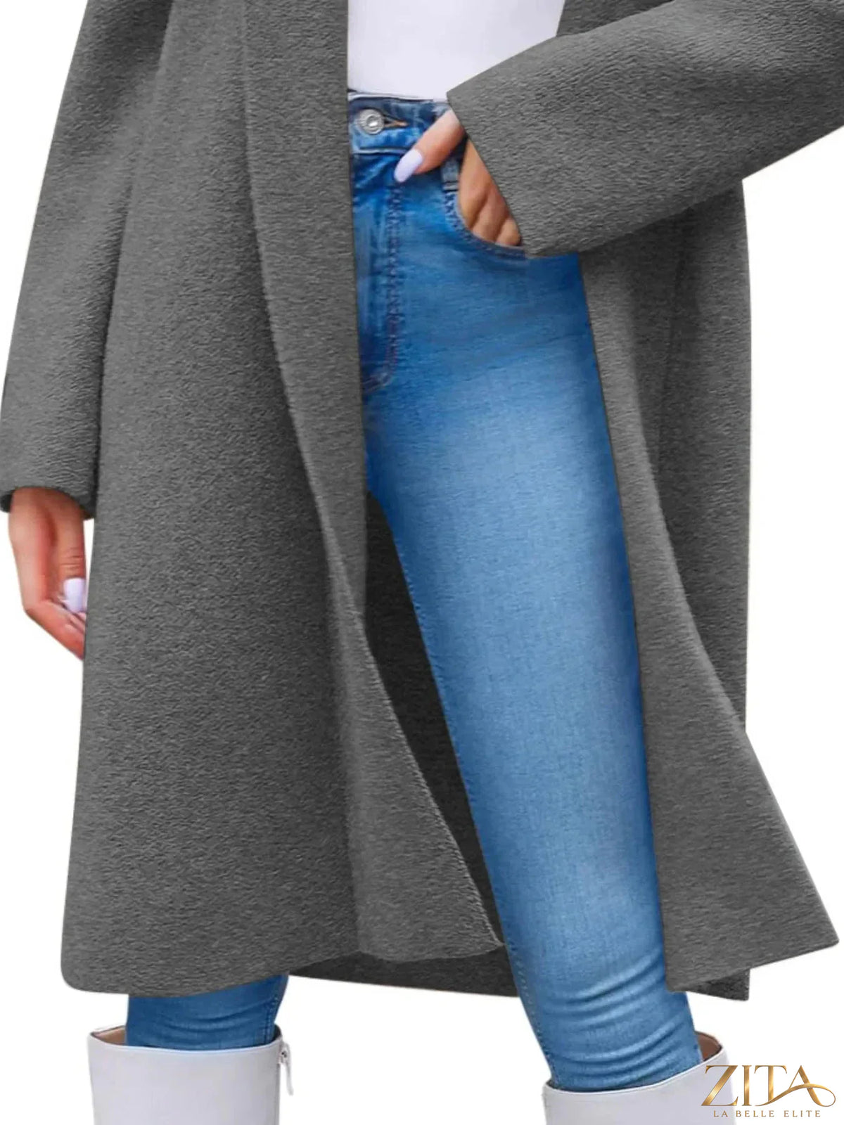Open front longline coat by Zita La Belle Elite, featuring a stylish design, wide lapels, and a flowing silhouette.