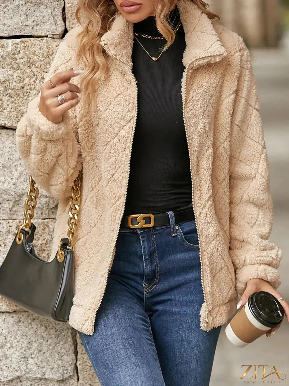 Zita La Belle Elite fuzzy zip-up jacket with front pockets, soft textured fabric, and a stylish casual design.