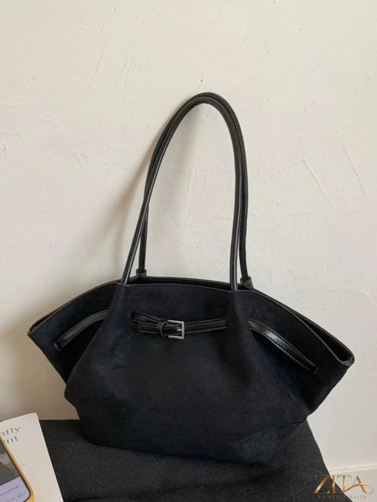 Zita La Belle Elite solid color buckle tote bag with structured design and top handles on a neutral background.